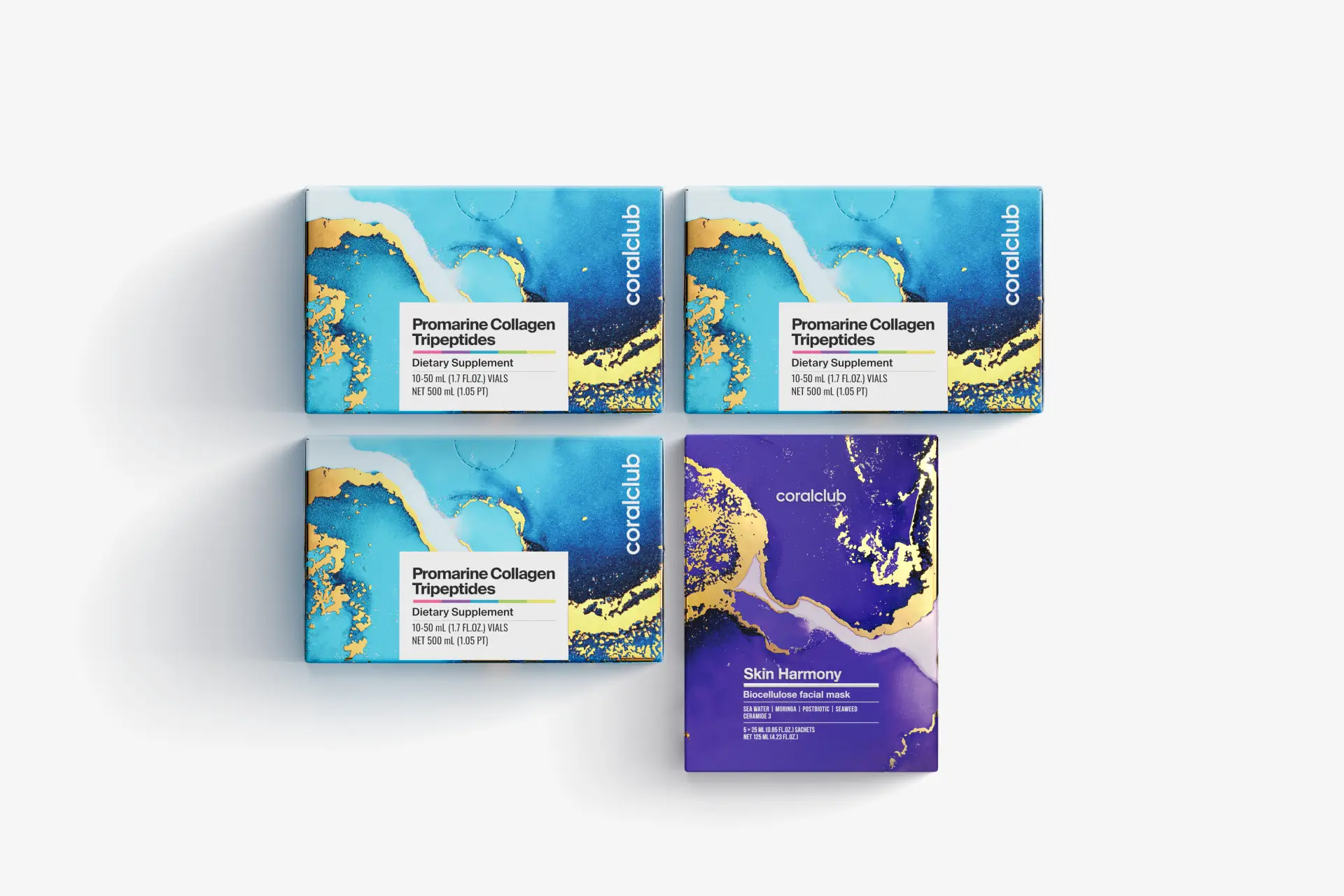 Komplekts Promarine Collagen Tripeptides (1 mēneša kurss) & Skin Harmony Biocellulose Facial Mask (5 sašē paciņas)